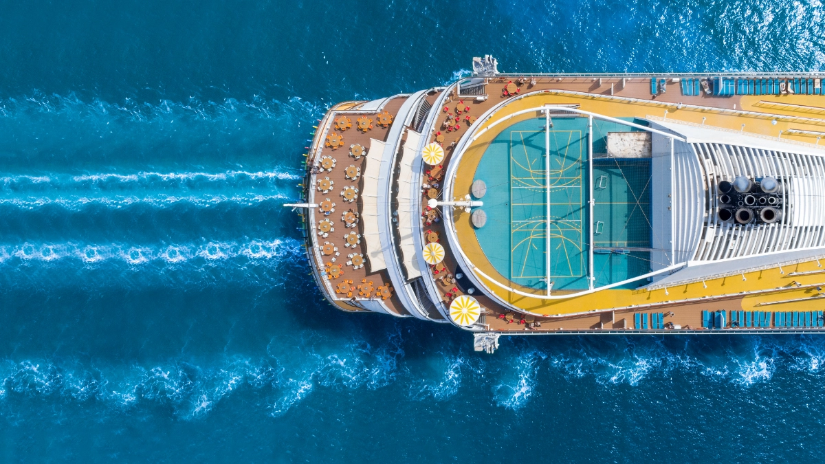 a cruise liner, from above, on the ocean